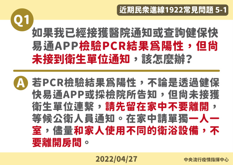 PCR陽性但尚未收到衛生單位通知，須先留在家中。   圖：中央流行疫情指揮中心/提供