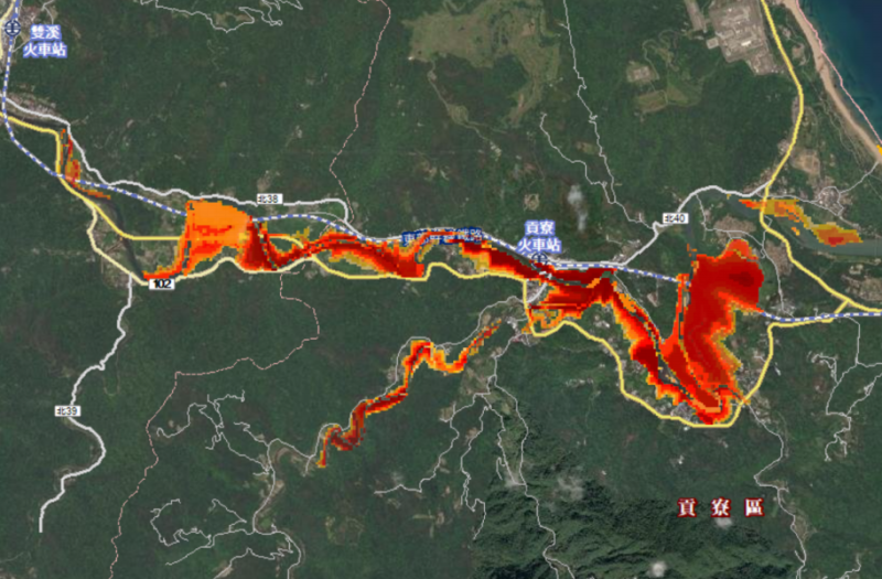 貢寮地區之淹水潛勢圖(在超大豪雨情境下)。   圖：黃心華提供