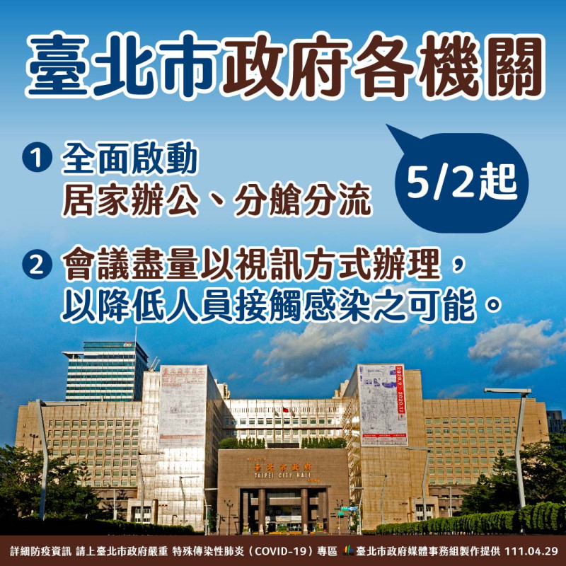台北市政府各機關下週起啟動居家辦公、分艙分流。   圖：台北市政府 / 提供