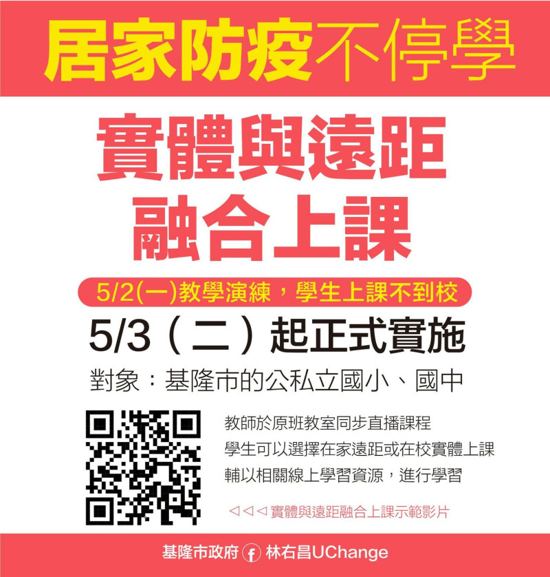 實體與遠距融合上課5月3日正式實施。   圖：基隆市政府提供