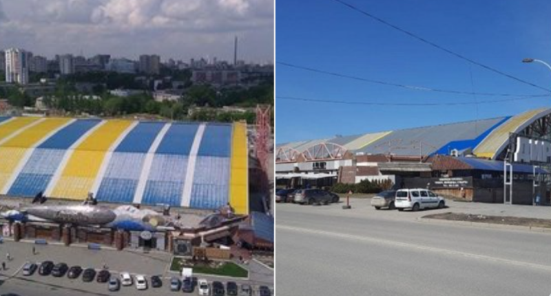 俄羅斯購物中心拆除了藍色和黃色的屋頂瓦片。   擷取自推特：Fuad Alakbarov