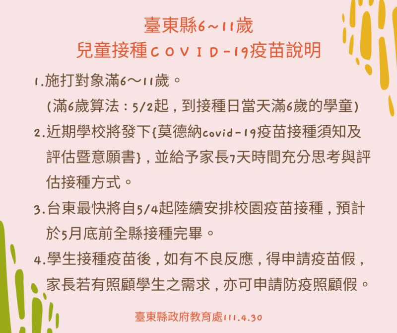 台東縣公告6歲至11歲兒童接種COVID－19疫苗說明。   圖：翻攝自饒慶鈴臉書