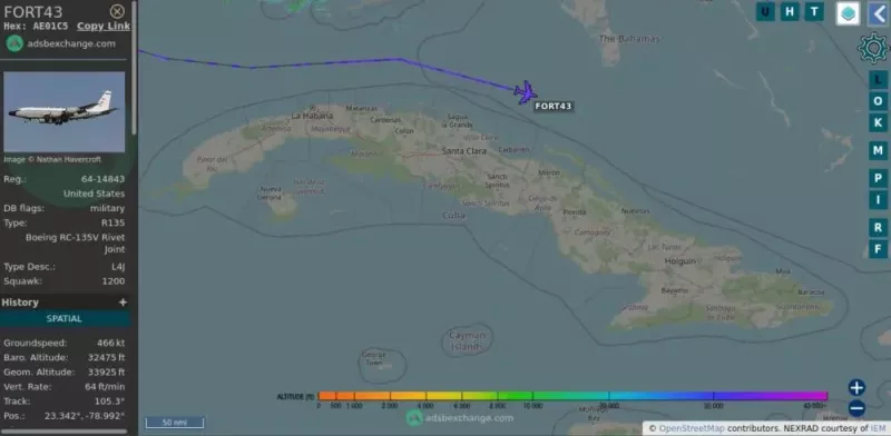 美國軍事航空愛好者指出，美軍偵察機繞行古巴海岸線。   圖:翻攝自騰訊網