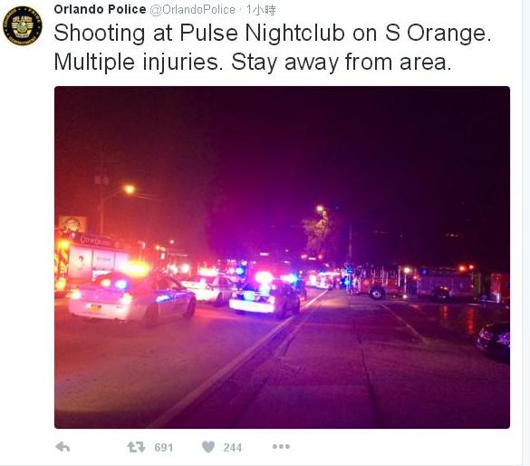 美國佛羅里達州奧蘭多一間夜店12日驚傳大規模槍擊案，當地警方要求民眾盡速遠離該區域。   圖：翻攝自奧蘭多警局推特