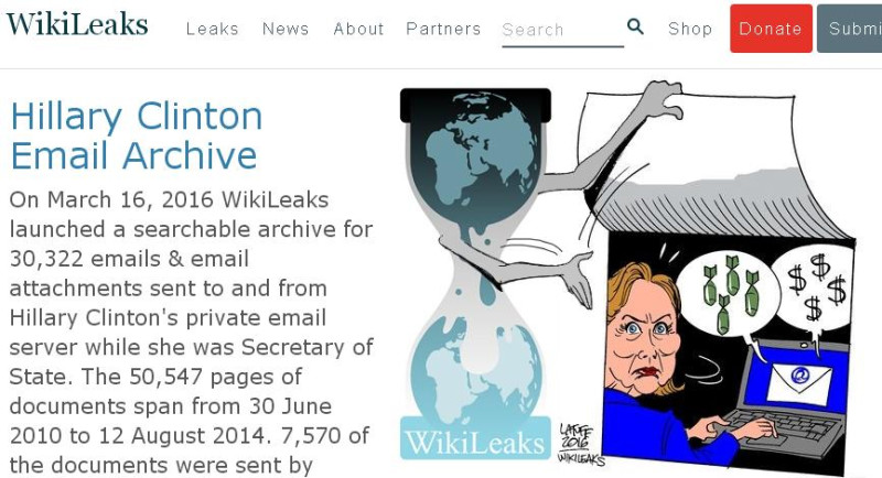 維基揭密3月份公布希拉蕊於2010年6月30日至2014年8月12日，所收到或寄出的3萬多份電子郵件，接下來還有更多。   圖：翻攝維基揭密官網