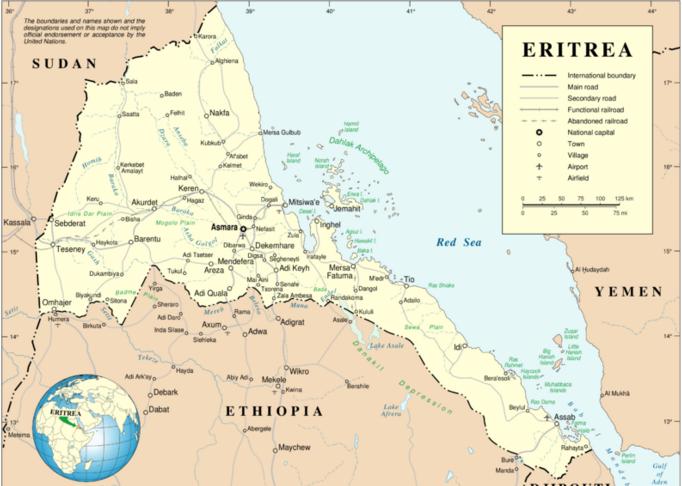 非洲東北部國家厄立垂亞（淺黃色區域）與衣索匹亞接壤，雙方戰火頻傳。   圖：翻攝維基網站