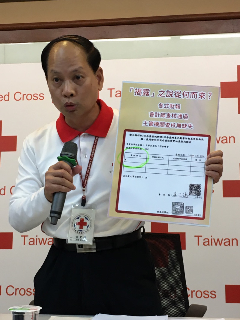 遭控挪用善款，紅十字會秘書長張寶輝23日召開記者會表達抗議。   圖：紅十字會提供