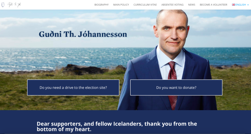 冰島選行總統大選，政治素人約翰尼森（Gudni Johannesson）獲得38.6%的選票，自行宣布當選。   圖：翻攝自約翰尼森（Gudni Johannesson）競選網站