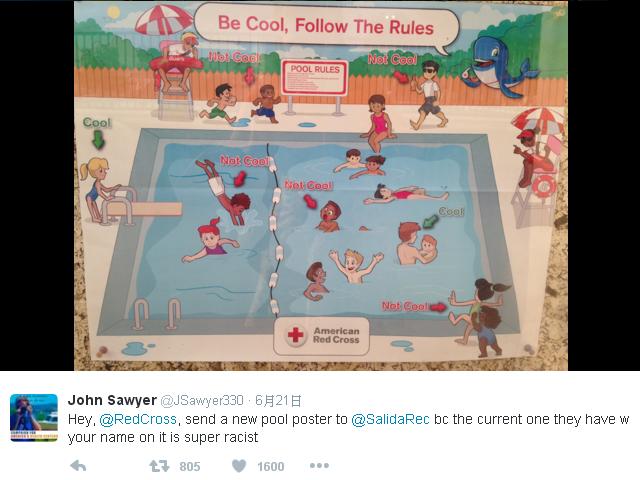 美國紅十字會1款提醒民眾注意泳池安全的海款，卻引發種族歧視爭議。   圖：翻攝John Sawyer推特