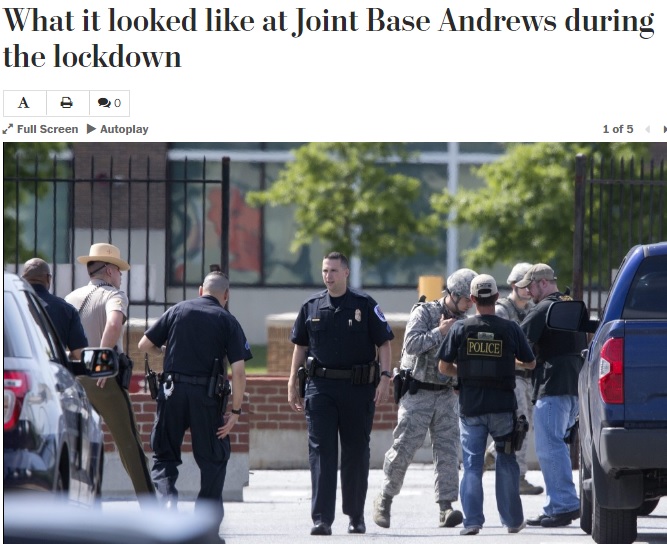 美國安德魯聯合基地（Joint Base Andrews）30日傳出有槍手開槍，附近區域遭到封鎖，稍後即解除警戒。   圖：翻攝《華盛頓郵報》