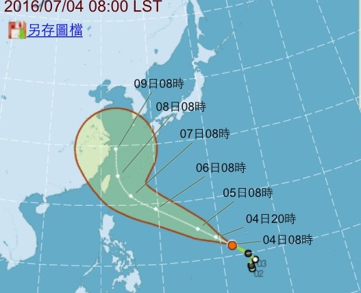 中央氣象局4日表示，今年第1號颱風尼伯特若行進速度加快，恐轉為中度颱風。   圖：翻攝氣象局網站