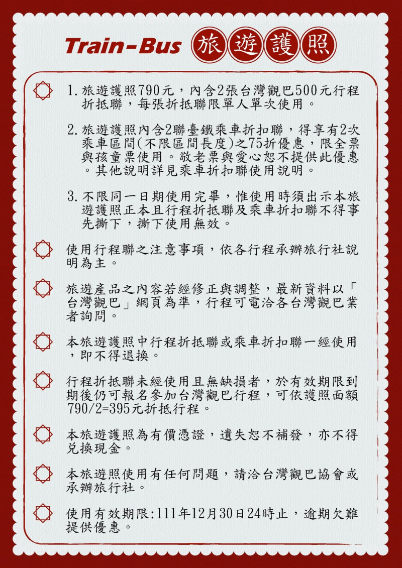 「台灣觀巴台鐵護照」使用說明。   圖：交通部觀光局／提供