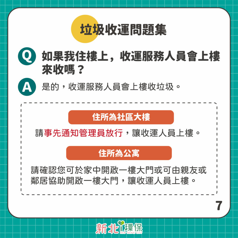 申請防疫垃圾收運的民眾，如居住於社區大樓內，請事前通知管理員放行收運人員上樓收運；如居住於公寓者，請民眾自行於家中，或請親友鄰居協助，開啟一樓大門，讓收運人員至所在樓層協助收運。   圖：新北市環保局提供