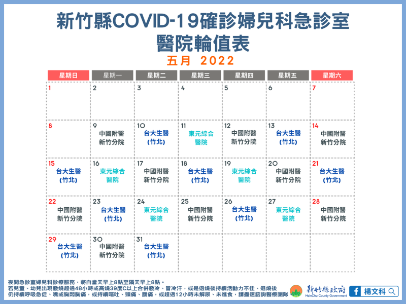 新竹縣婦兒科急診室醫院5月輪值表。   圖：新竹縣政府官網