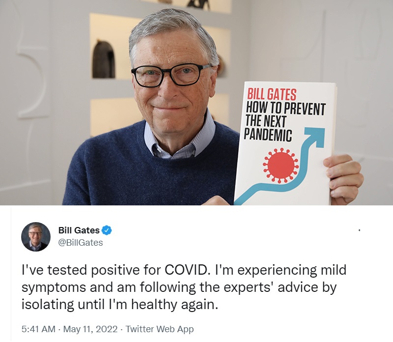 現年66歲的比爾蓋茲在推特宣布自己打了3劑疫苗，仍然確診，目前隔離中。   圖：翻攝自比爾蓋茲推特/新頭殼合成