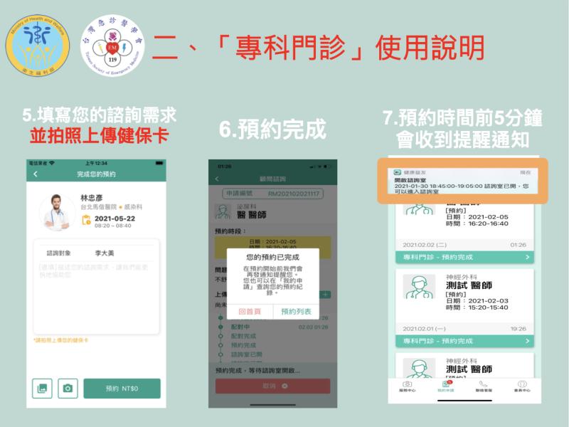 填寫諮詢需求並上拍照上傳健保卡即預約完成。   圖：衛生福利部/提供