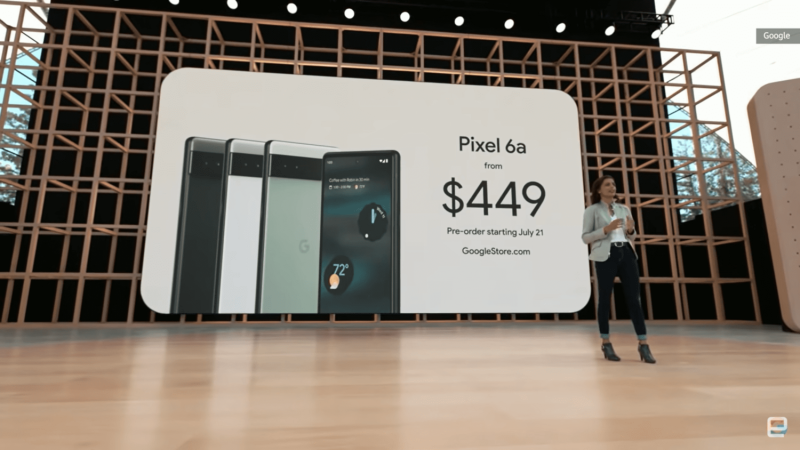 Pixel 6a手機僅449美元，搭載與Pixel 6同等級的Tensor處理器，有黑、白、綠三色，有AI功能與多項新款App。   圖：翻攝自Google YouTube