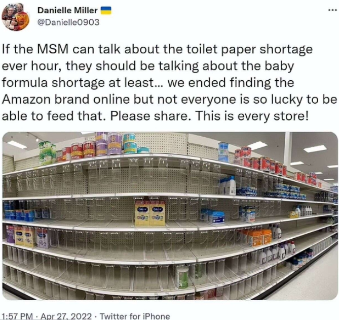 美國民眾抱怨在超市買不到嬰兒奶粉。   圖 : 翻攝自推特