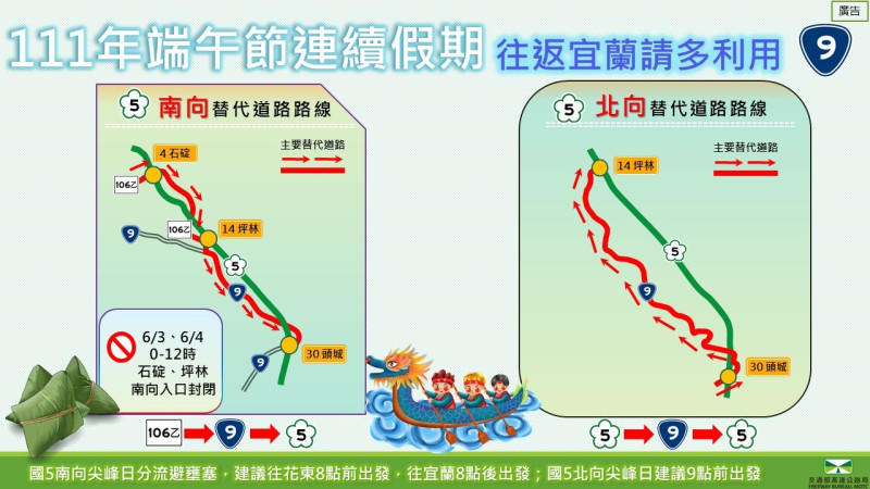 往返宜蘭替代道路改道路線。   圖：交通部高速公路局／提供