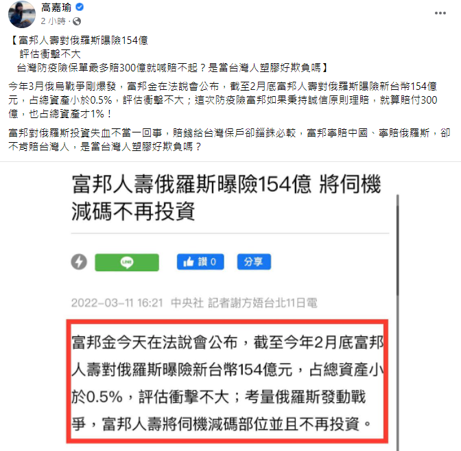 高嘉瑜今日在臉書上表示，富邦對俄羅斯曝險 154 億，對台灣防疫險保單最多賠 300 億就喊賠不起，怒批是當台灣人塑膠好欺負嗎。   截取自高嘉瑜臉書