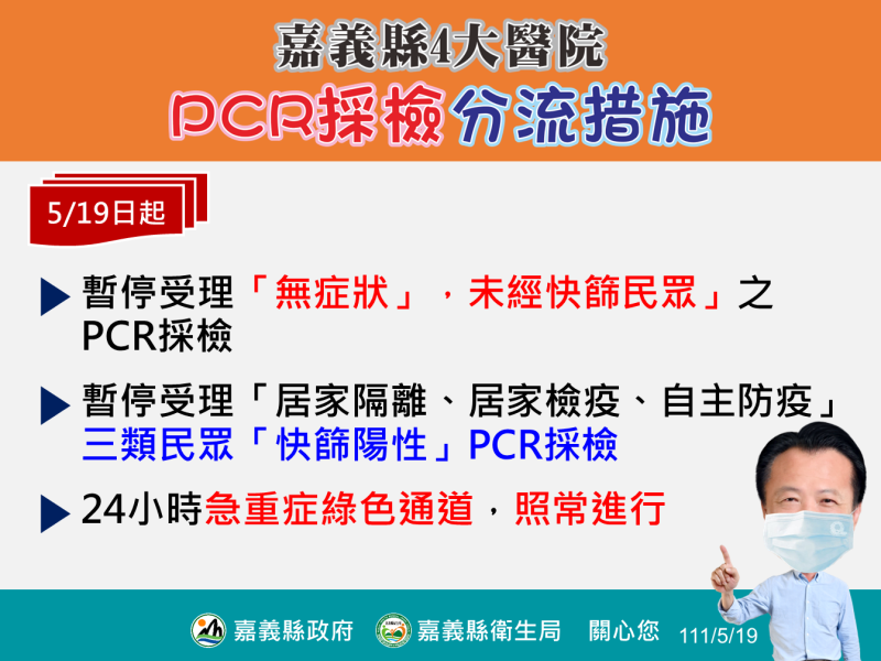 嘉義縣4大醫院PCR採分流篩檢。   圖：嘉義縣政府/提供