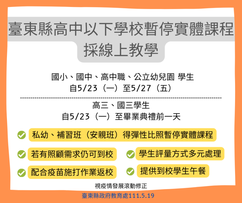 台東縣政府宣布，高中以下學校自5月23日起暫停實體課程至5月27日，改採線上教學。   圖：台東縣政府提供
