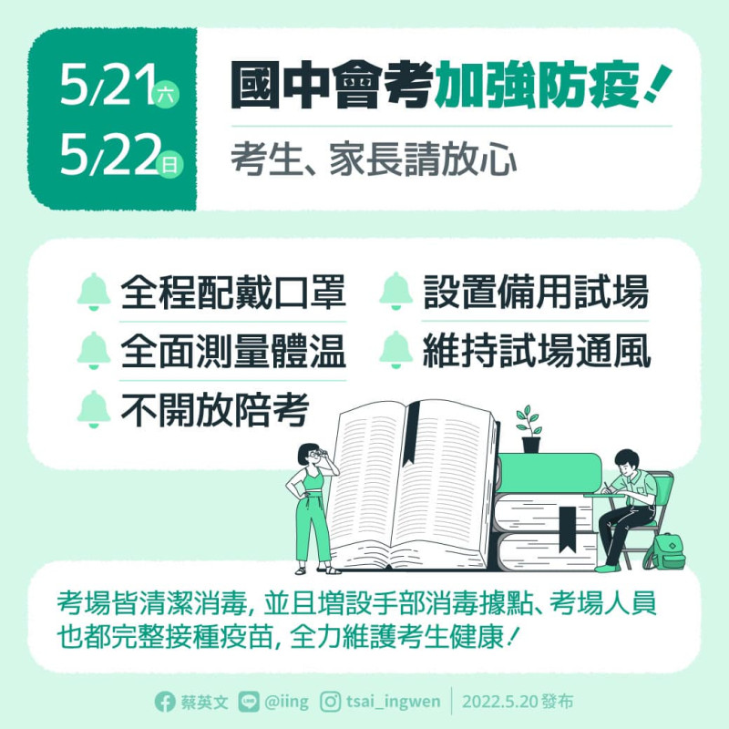 總統蔡英文20日針對國中會考發文。   圖：蔡英文臉書