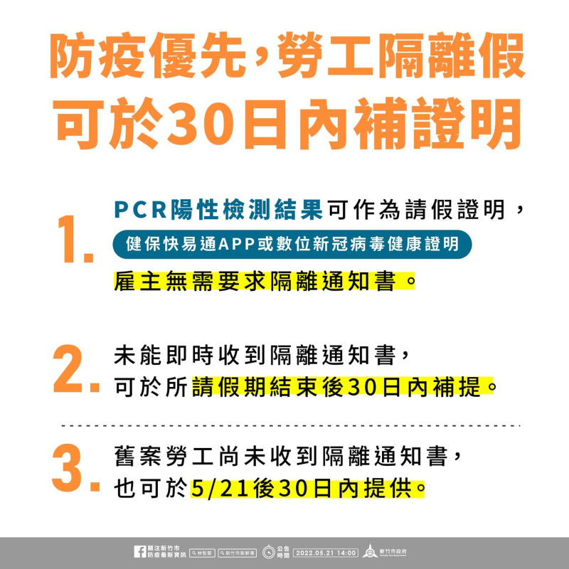 新竹市長林智堅提醒民眾，可以使用PCR陽性檢測結果作為請假證明，若仍需要相關證明文件，也可以在請假後30日補提。 圖：擷取自林智堅臉書