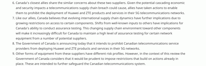 加拿大創新科學暨經濟發展部上週四發表最新聲明，禁止華為及中興通訊參與5G網路建設。   圖：截自加拿大政府官網