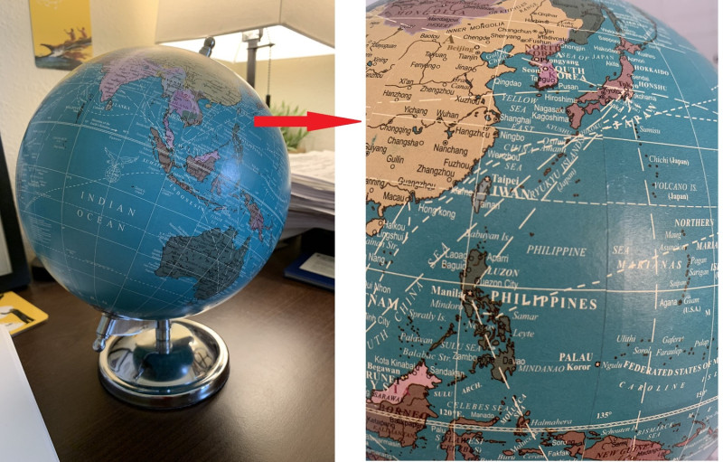 美國智庫2049計畫研究員伊斯頓介紹新買的美國地球儀（左圖），稱是印度製造，沒有多個解釋，但特別指出台灣已經與中國不同顏色（右圖）。   圖：翻攝自伊斯頓推特/新頭殼合成