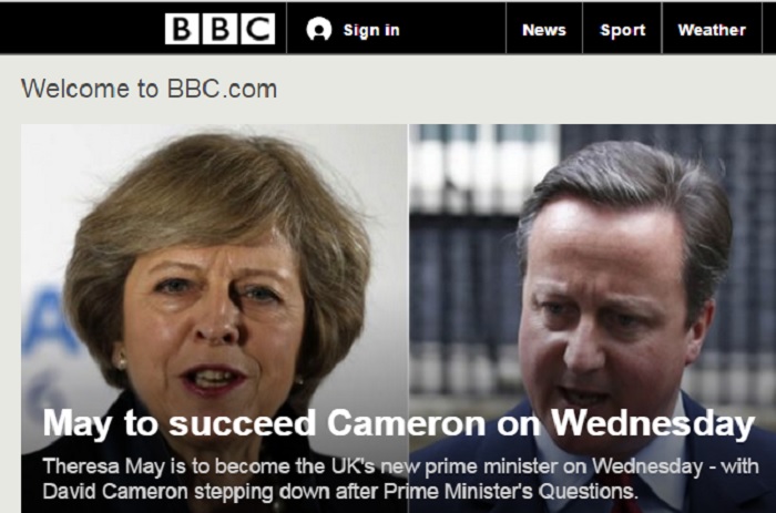 英國首相卡麥隆（右）宣布將於13日正式下台，由現任內政大臣梅伊（左）接任首相。   圖：翻攝BBC