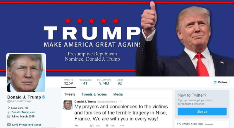 美國總統參選人川普（Donald Trump）原本打算在美東時間15日上午11點公布副手人選，但法國尼斯驚傳恐怖攻擊，因此川普在推特（Twitter）貼文，決定延後公布時間，目前日期未定。   圖:翻攝川普推特