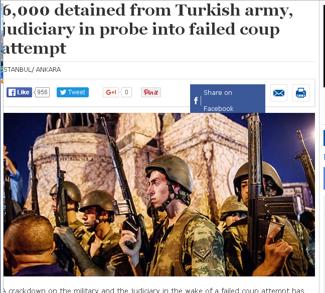 土耳其當地媒體《Hurriyet Daily》報導，這次軍方政變，已經大約6000人被拘留。   圖：翻攝《Hurriyet Daily》