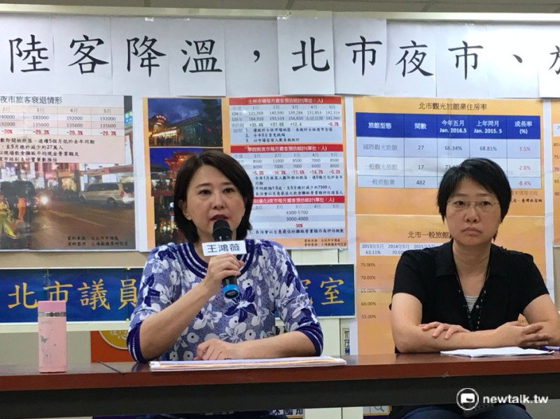 台北市議員王鴻薇20日召開記者會表示，中國來台旅遊團人數驟減，嚴重衝擊北市旅館、觀光業產業。   圖：邱筠文/攝