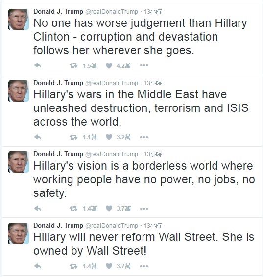 美國共和黨總統候選人川普在對手希拉蕊演說後，火速在推特每隔6分鐘連續推文回擊。   圖：翻攝川普推特