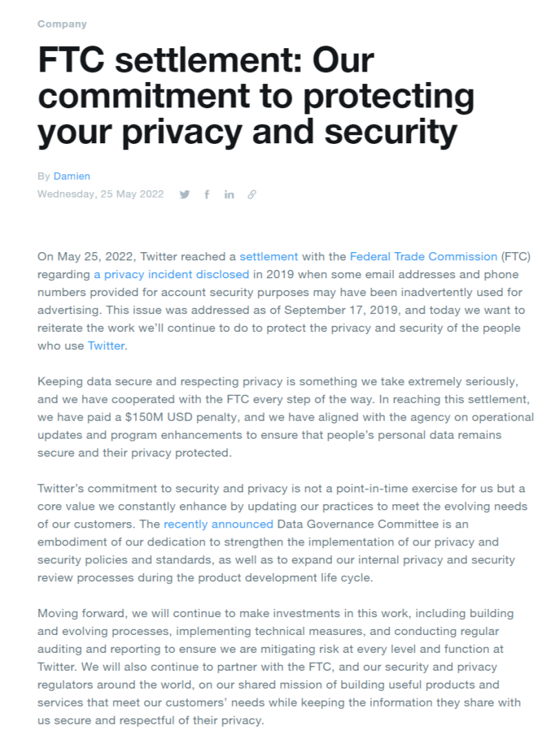 推特首席隱私官Damien Kieran昨(25)日宣布，已支付1.5億美元(約44億台幣)罰款，並達成隱私訴訟和解。   圖：翻攝自推特官網