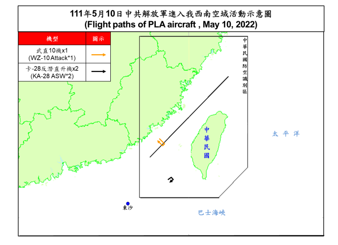 中國解放軍軍武直 -10 攻擊直升機近日進入台灣西南防空識別區示意圖   