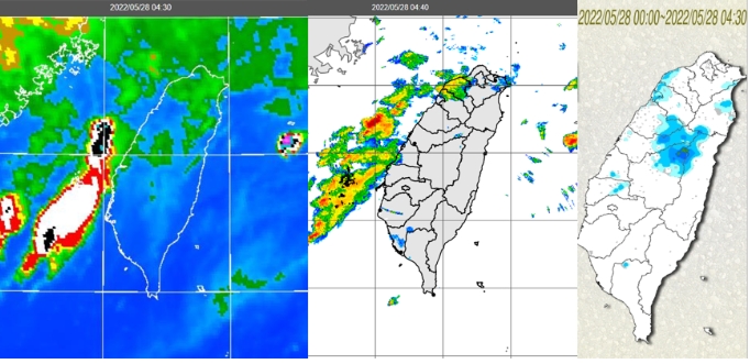 今(28日)晨4：30紅外線色調強化雲圖顯示，「滯留鋒」雲帶逐漸北移，台灣海峽有對流雲(左圖)；4：40雷達回波合成圖顯示，伴隨降水回波，向陸地靠近(中圖)；4：30累積雨量圖顯示，中部以北及東北部局部降雨，其他地區雨很零星(右圖)。   圖／翻攝「三立準氣象．老大洩天機」專欄