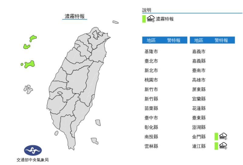 中央氣象局針對金門縣、連江縣發布濃霧特報。   圖/中央氣象局