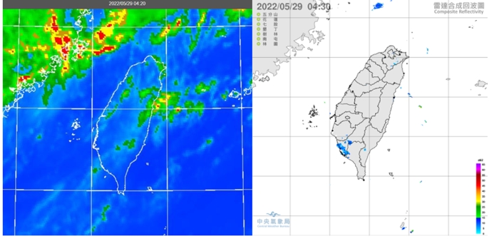 今(29日)晨4：20紅外線色調強化雲圖顯示，台灣晴朗無雲，僅東北角有透光的「卷層雲」(左圖)；4：30雷達回波合成圖顯示，各地無降水回波(右圖)。   圖/取自「三立準氣象．老大洩天機」專欄