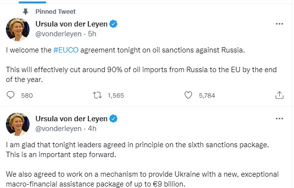 歐盟委員會主席馮德萊恩公開贊成制裁俄羅斯的石油。   圖：翻攝自馮德萊恩推特