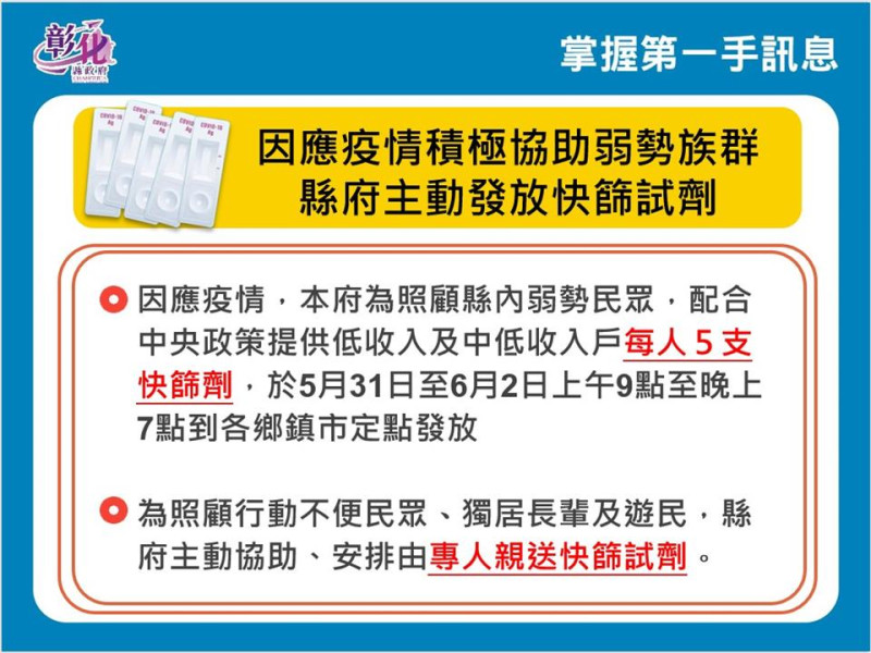 彰化縣快篩試劑發放於今（31）日開跑。   圖：彰化縣政府提供