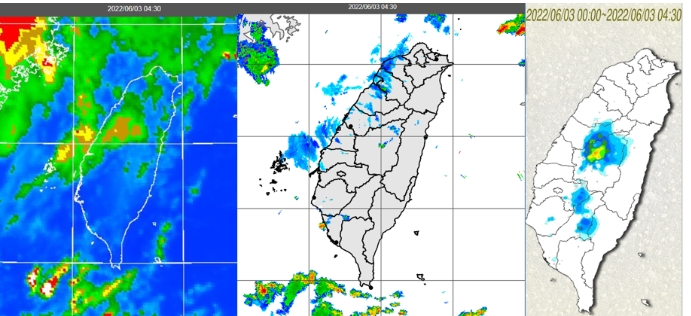 今4：30紅外線色調強化雲圖顯示，台灣上空僅有一些消散中的中高雲(左圖)。 4：30雷達回波合成圖顯示，西南部有零星回波(中圖)；4：30累積雨量圖顯示，中南部山區有降雨、西南部平地零星雨(右圖)。   圖/「三立準氣象．老大洩天機」專欄