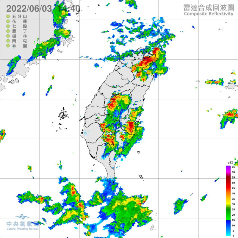 基隆北海岸、宜蘭、南投、花蓮、台東地區及新竹以北、雲林以南山區，氣象局表示這7縣市有局部大雨發生的機率。   圖：氣象局/提供