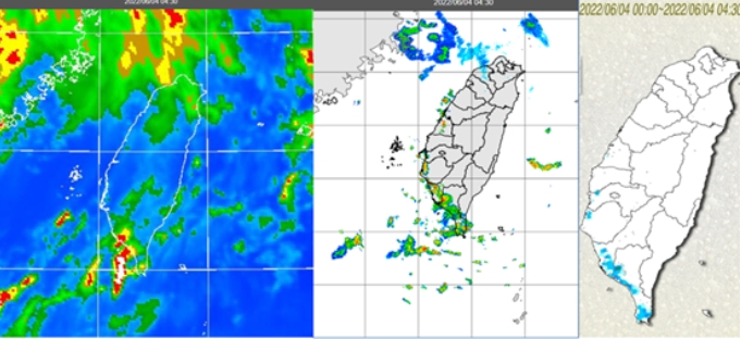 今(4)日4：30紅外線色調強化雲圖顯示，台灣上空有一些消散中的中高雲，西南部有零星對流雲(左圖)。 4：30雷達回波合成圖顯示，西南部有降水回波(中圖)；4：30累積雨量圖顯示，西南部沿海局部降雨(右圖)。   圖/「三立準氣象· 老大洩天機」專欄