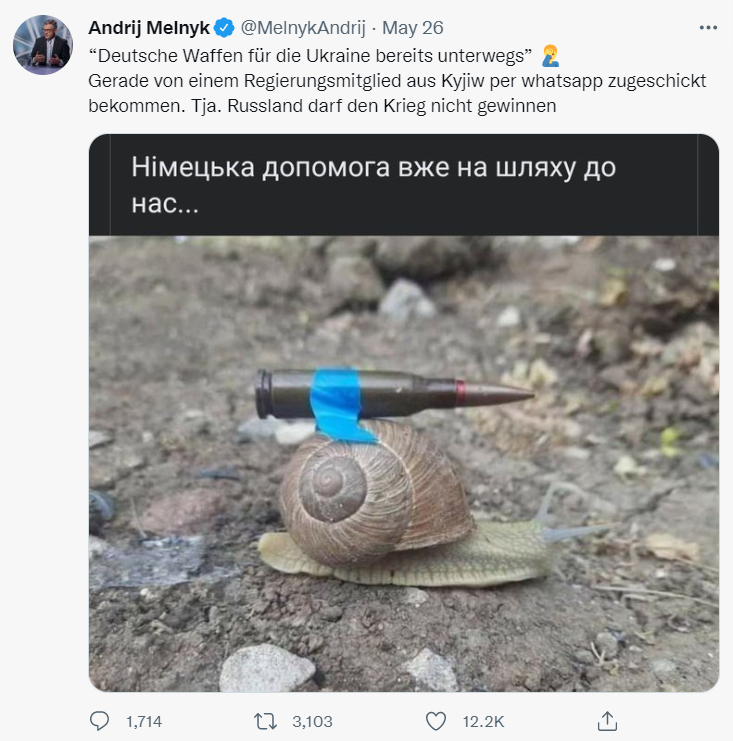 烏克蘭駐德國大使梅爾尼克在推特發文，批評德國的軍援運送太慢。   圖：翻攝自梅爾尼克推特