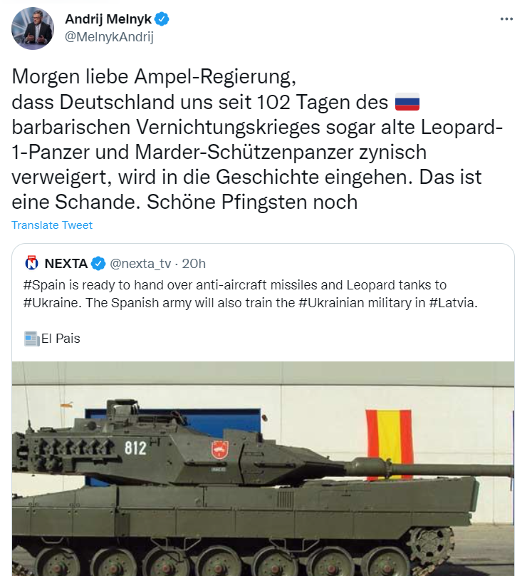 烏克蘭駐德國大使梅爾尼克在推特發文，抨擊德國拒絕提供武器給烏克蘭是「載入世史冊的恥辱」。   圖：翻攝自梅爾尼克推特