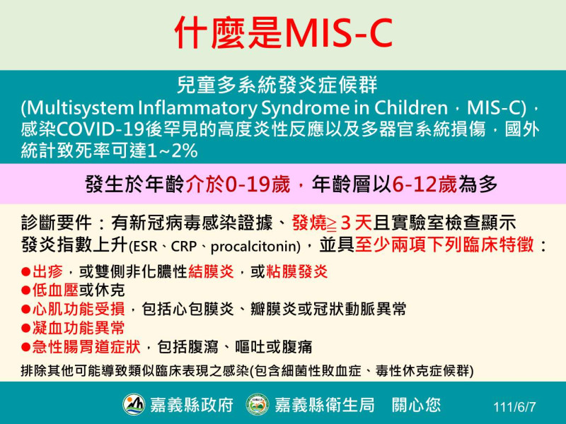 嘉義縣政府提醒家長，注意孩童多系統炎症徵候群（MIS-C）。   圖：嘉義縣政府/提供