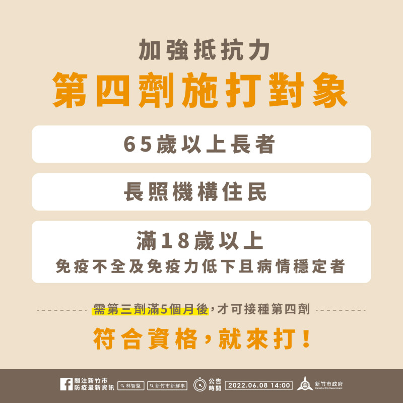 第四劑施打對象包括：65歲以上長者、長照機構住民、滿18歲以上免疫不全及免疫力低下且病情穩定者。   圖：擷取自新竹市衛生局官網