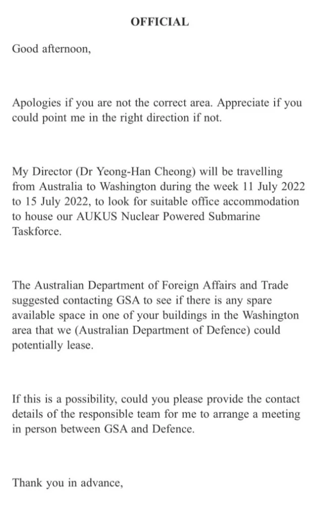 澳洲國防部向美國GSA的電子郵件被曝光。   圖 : 翻攝自環球網